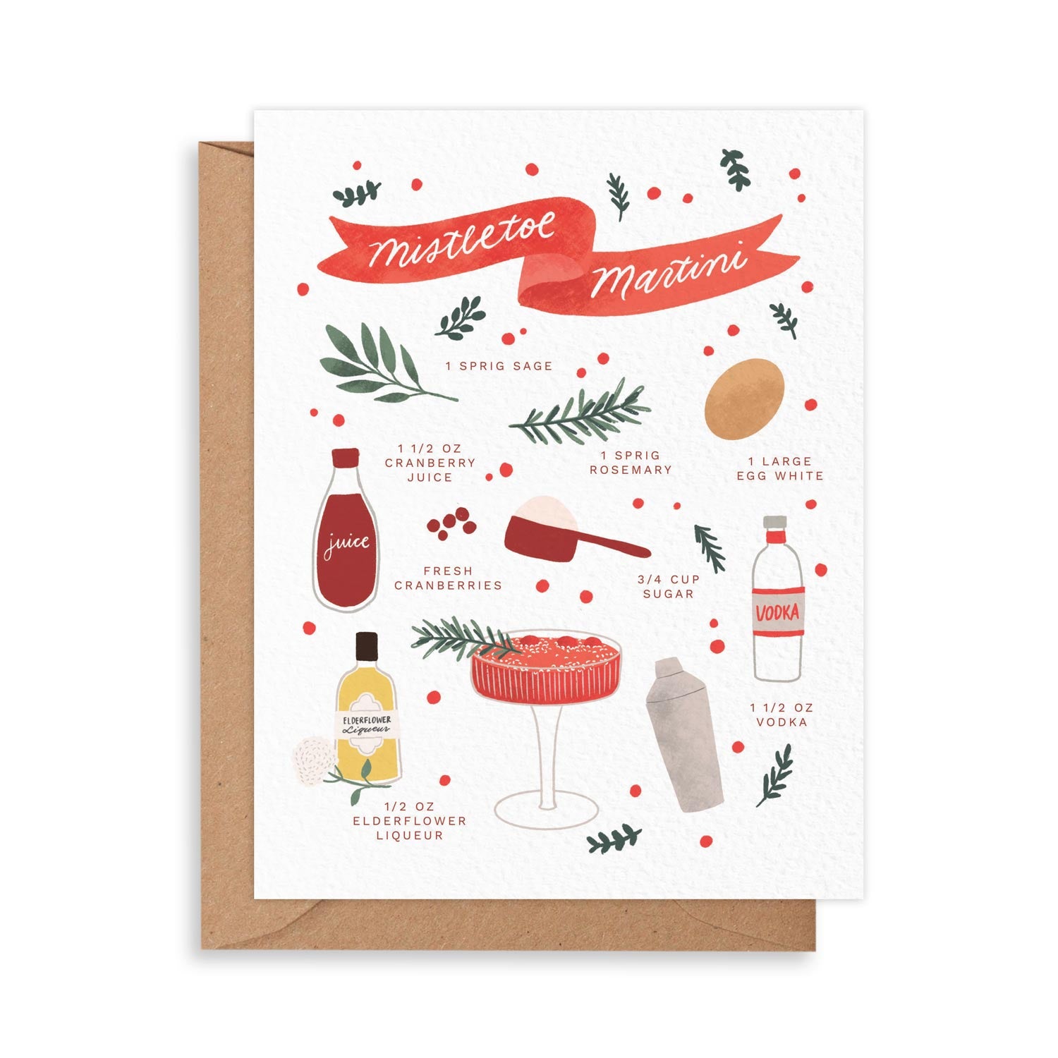 Christmas Greeting Card with a Mistletoe martini cocktail recipe card