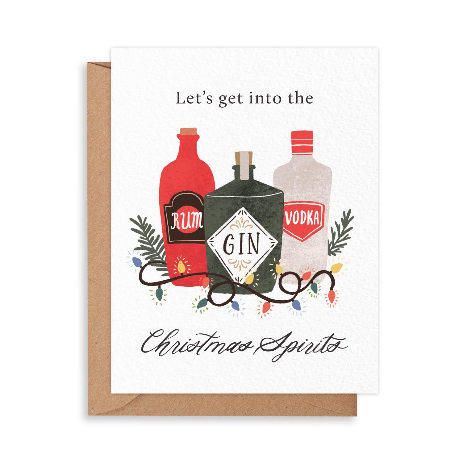 Christmas card of a bottle of rum, gin, vodka with messaging 'Let's get into the Christmas spirits!'