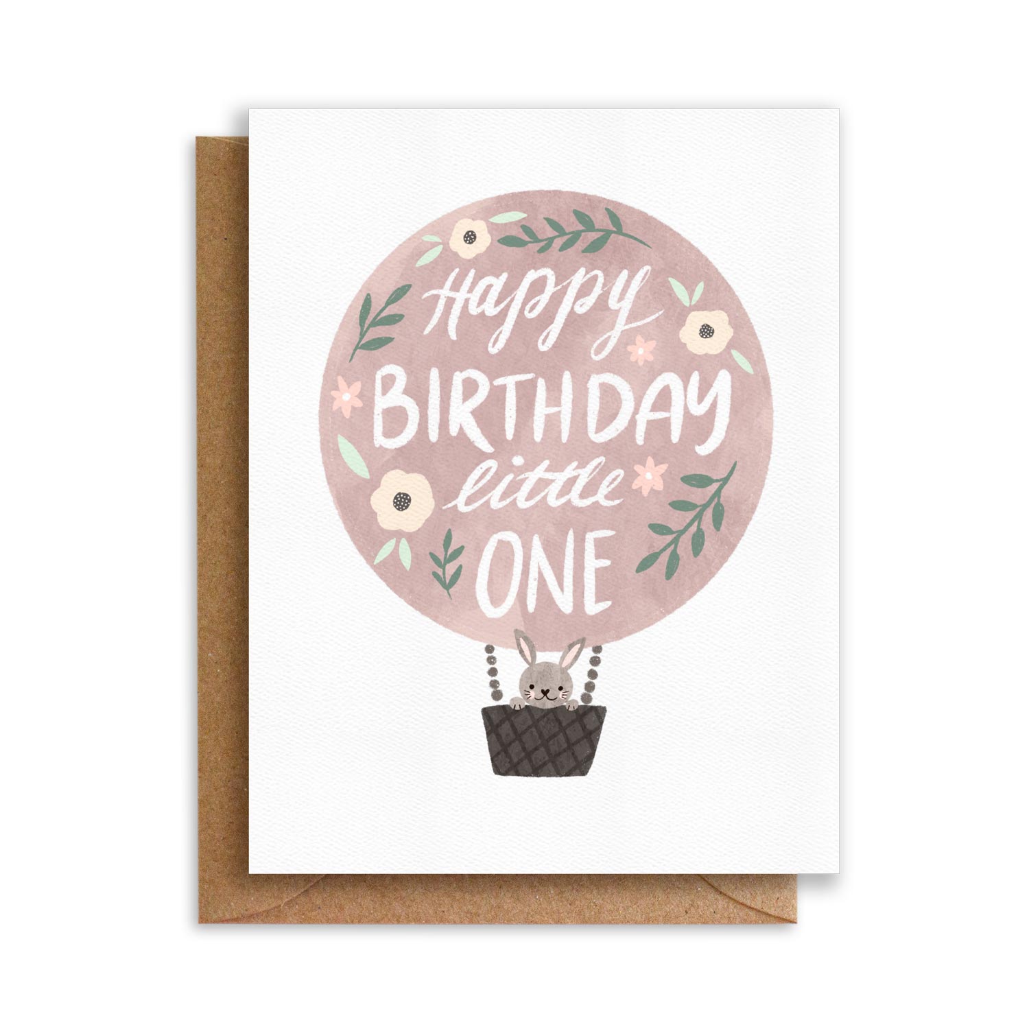 First birthday card with message happy birthday little one and a bunny in a pink hot air ballon with flowers