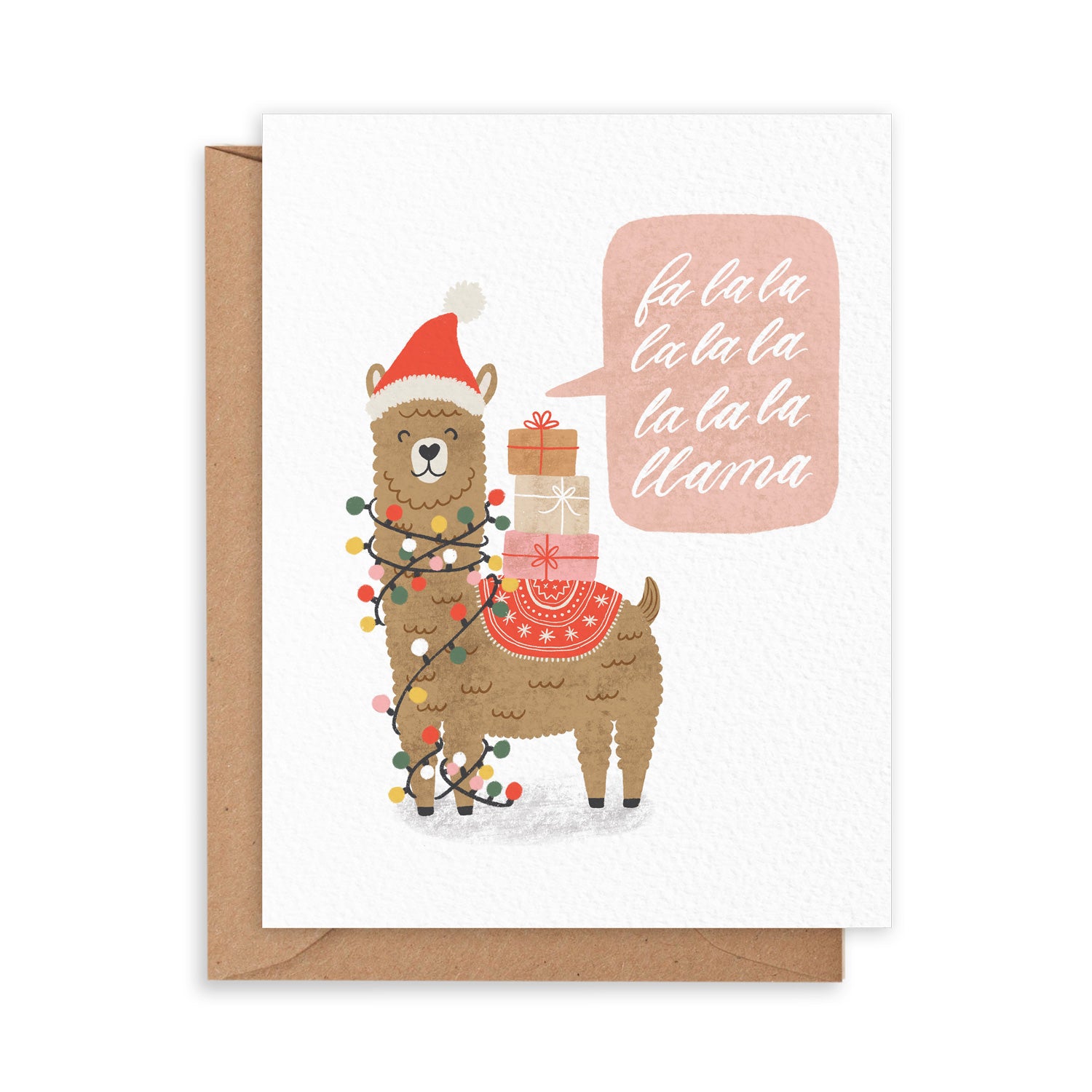 Card with a santa llama tangled up in lights carrying gifts and singing 'fa la la la llama!'