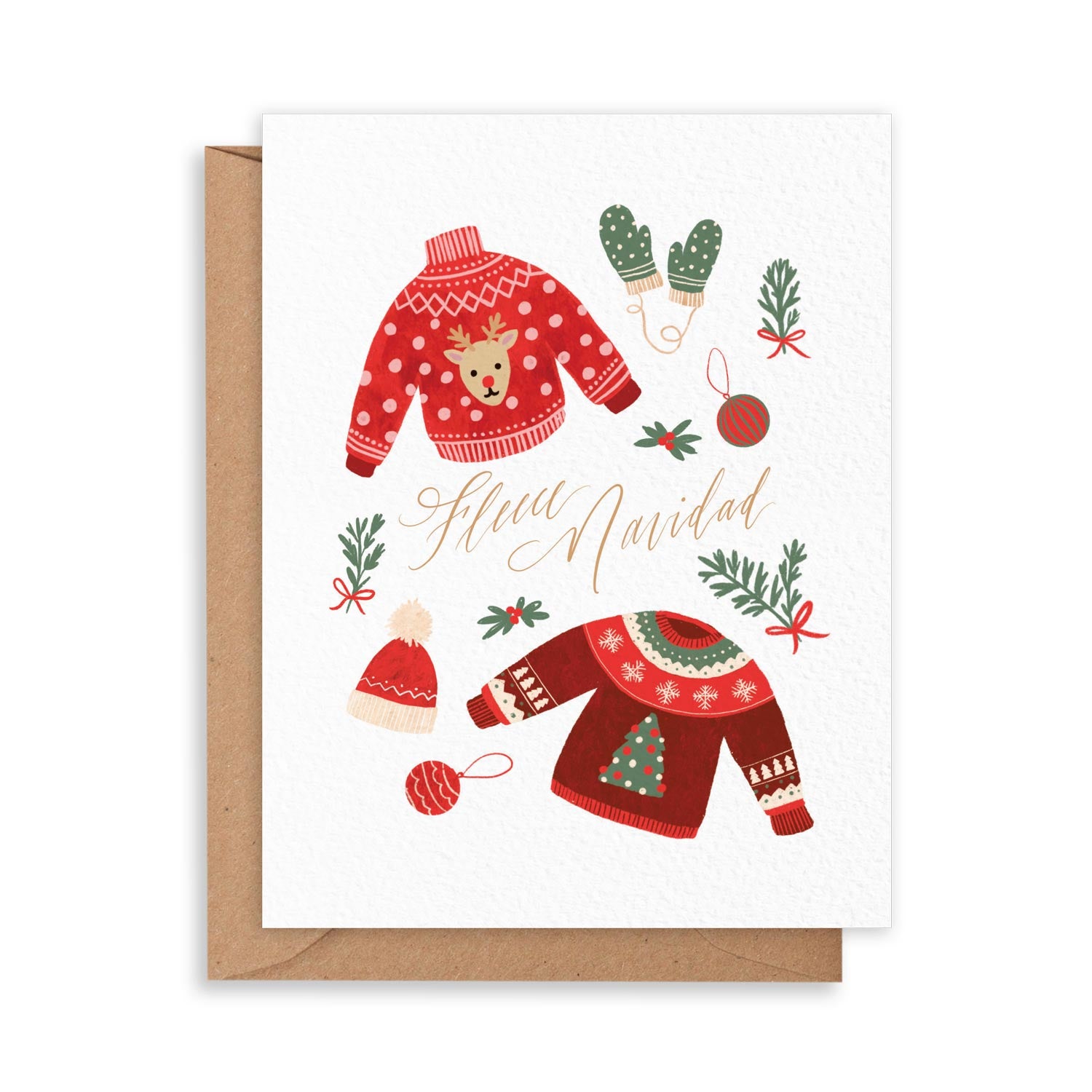 Card with Fuzzy sweaters with a reindeer and christmas tree along with mittens and toque, message 'Fleece Navidad'