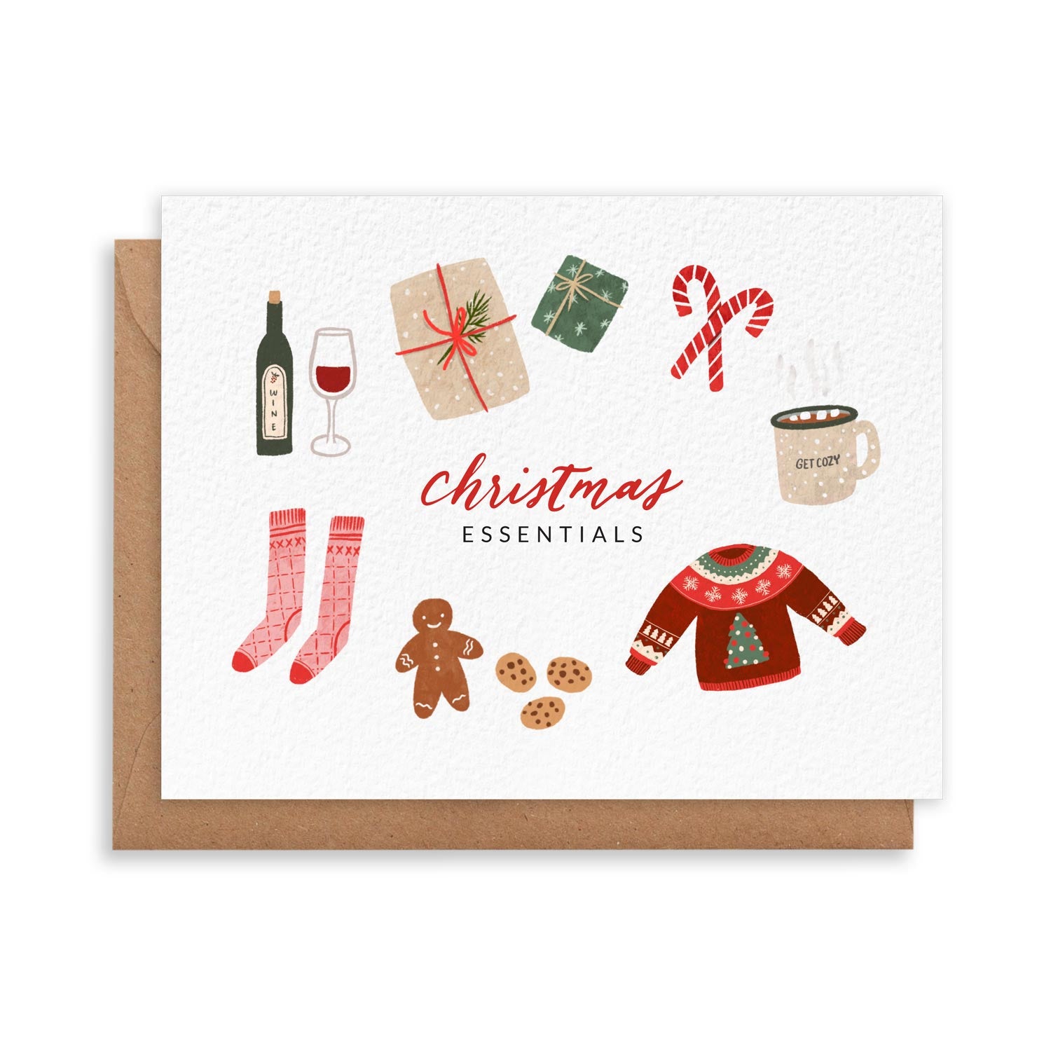 All the essential things for Christmas in one little card - glass of wine, wrapped gifts, candy cane, hot cocoa, cozy socks, cookies, and an ugly festive sweater