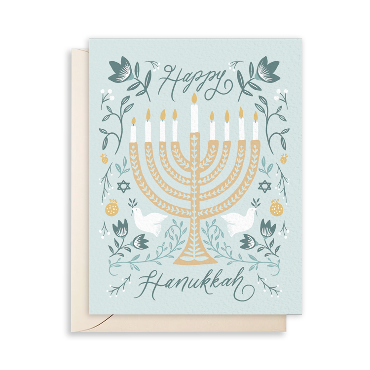 Happy Hanukkah Floral Calligraphy Greeting Card | Calligraphy and Design Stationery | Papelu Studio